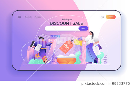 This is your Discount Sale concept for landing page. Woman makes purchases at discounted prices, buyer shopping at store web banner template. Vector illustration in flat cartoon design for web page This is your Discount Sale concept for landing page. Woman makes purchases at discounted prices, buyer shopping at store web banner template. Vector illustration in flat cartoon design for web page 99533770
