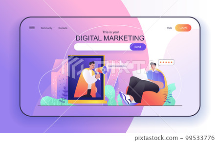 This is your Digital Marketing concept for landing page. Loudspeaker marketer engages social media user, online promotion web banner template. Vector illustration in flat cartoon design for web page This is your Digital Marketing concept for landing page. Loudspeaker marketer engages social media user, online promotion web banner template. Vector illustration in flat cartoon design for web page 99533776