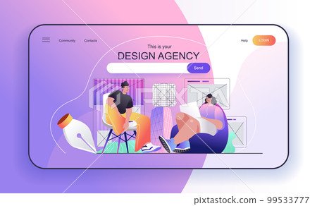 This is your design agency concept for landing page. Designers create page layouts with content, draw visual elements web banner template. Vector illustration in flat cartoon design for web page This is your design agency concept for landing page. Designers create page layouts with content, draw visual elements web banner template. Vector illustration in flat cartoon design for web page 99533777