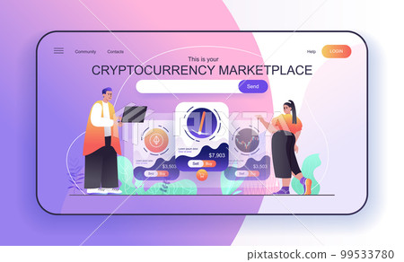 This is your Cryptocurrency Marketplace concept for landing page. People analyze financial statistics, sell or buy bitcoins web banner template. Vector illustration in flat cartoon design for web page This is your Cryptocurrency Marketplace concept for landing page. People analyze financial statistics, sell or buy bitcoins web banner template. Vector illustration in flat cartoon design for web page 99533780