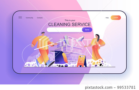 This is your Cleaning Service concept for landing page. Cleaning company employees clean office spaces or do housework web banner template. Vector illustration in flat cartoon design for web page This is your Cleaning Service concept for landing page. Cleaning company employees clean office spaces or do housework web banner template. Vector illustration in flat cartoon design for web page 99533781