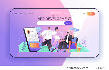 This is your App development concept for landing page. Developers create and optimization mobile applications and programs web banner template. Vector illustration in flat cartoon design for web page 99533785