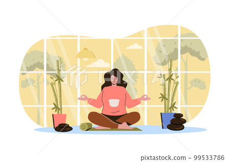 Yoga at home web character concept. Woman meditates sitting in lotus position, practices asana, trains mindfulness, relaxes, isolated scene with persons. Vector illustration with people in flat design Yoga at home web character concept. Woman meditates sitting in lotus position, practices asana, trains mindfulness, relaxes, isolated scene with persons. Vector illustration with people in flat design 99533786