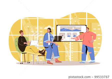 Web development character concept. Developers team creates webpage layout, place graphic elements, discusses ideas at office isolated scene with persons. Vector illustration with people in flat design Web development character concept. Developers team creates webpage layout, place graphic elements, discusses ideas at office isolated scene with persons. Vector illustration with people in flat design 99533787
