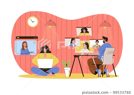 Video chatting web character concept. Woman and man talking on video conference, online meeting with friends or colleagues isolated scene with persons. Vector illustration with people in flat design 99533788