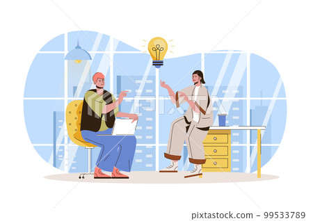 Teamwork web character concept. Employees brainstorming, create ideas, discussing work tasks, successfully collaborate isolated scene with persons. Vector illustration with people in flat design Teamwork web character concept. Employees brainstorming, create ideas, discussing work tasks, successfully collaborate isolated scene with persons. Vector illustration with people in flat design 99533789