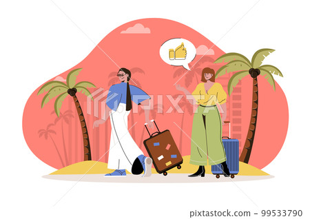 Summer vacation web character concept. Women with suitcases went on trip, summer trip to seaside tropical resort together isolated scene with persons. Vector illustration with people in flat design Summer vacation web character concept. Women with suitcases went on trip, summer trip to seaside tropical resort together isolated scene with persons. Vector illustration with people in flat design 99533790