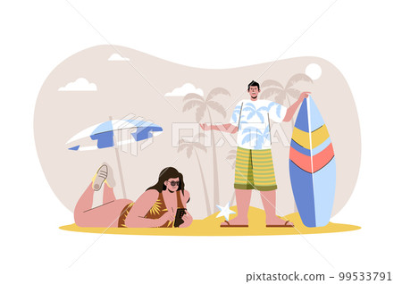 Summer time web character concept. Woman in swimsuit sunbathing on beach, man is going to surf. Couple rest on vacation isolated scene with persons. Vector illustration with people in flat design 99533791