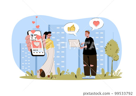 Social network web character concept. Man and woman users in social networks, communicate online from laptop or mobile app isolated scene with persons. Vector illustration with people in flat design 99533792