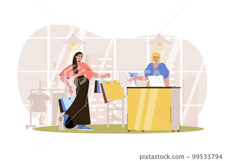 Shopping web character concept. Woman with bags pays for her purchases at checkout. Customer buys clothes in boutique, isolated scene with persons. Vector illustration with people in flat design Shopping web character concept. Woman with bags pays for her purchases at checkout. Customer buys clothes in boutique, isolated scene with persons. Vector illustration with people in flat design 99533794
