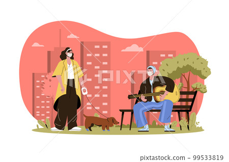 Masked people web character concept. Woman in mask walking dog, man plays guitar in park. Preventing spread of coronavirus isolated scene with persons. Vector illustration with people in flat design Masked people web character concept. Woman in mask walking dog, man plays guitar in park. Preventing spread of coronavirus isolated scene with persons. Vector illustration with people in flat design 99533819
