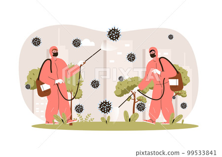 Coronavirus web character concept. Stop covid-19. Doctors in protective suits fights virus by disinfecting bacterium, isolated scene with persons. Vector illustration with people in flat design Coronavirus web character concept. Stop covid-19. Doctors in protective suits fights virus by disinfecting bacterium, isolated scene with persons. Vector illustration with people in flat design 99533841