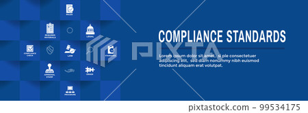 Compliance Standards web header banner with icon set that shows a company passed inspection Compliance Standards web header banner with icon set that shows a company passed inspection 99534175