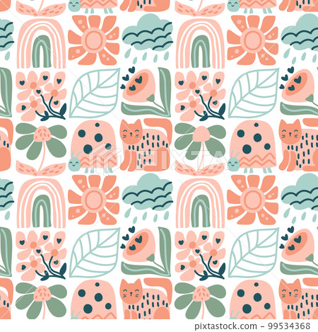 Floral seamless pattern spring with hand drawing wild flowers and animal. Simple scandinavian botanical design for fabrics, tile mosaic, scrapbooking. Vector illustration 99534368