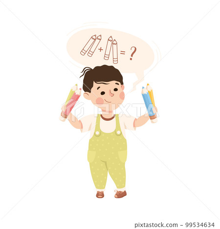 Cute boy solving math examples using pencils. Preschool kid studying at mathematics lesson cartoon vector illustration Cute boy solving math examples using pencils. Preschool kid studying at mathematics lesson cartoon vector illustration 99534634
