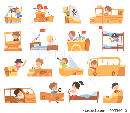 Cute Creative Little Boy and Girl Playing on Bed and with Cardboard Handmade Toy Big Vector Set Cute Creative Little Boy and Girl Playing on Bed and with Cardboard Handmade Toy Big Vector Set 99534640