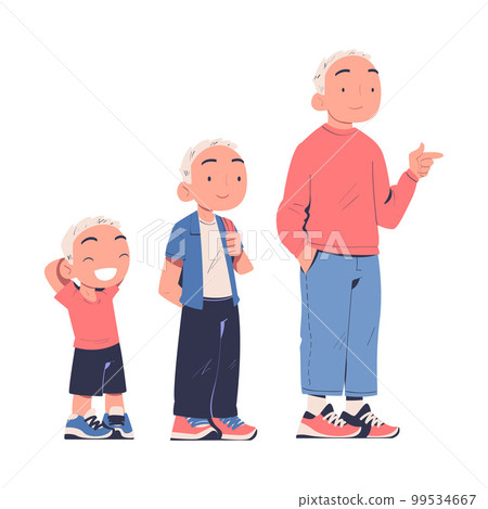 Stages of male growing up. Cute boy from kid to teenager. Preschool, elementary school, secondary school boy cartoon vector illustration Stages of male growing up. Cute boy from kid to teenager. Preschool, elementary school, secondary school boy cartoon vector illustration 99534667