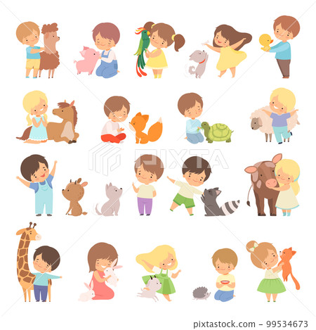 Cute Little Boy and Girl Interacting with Animal in Petting Zoo Big Vector Set 99534673