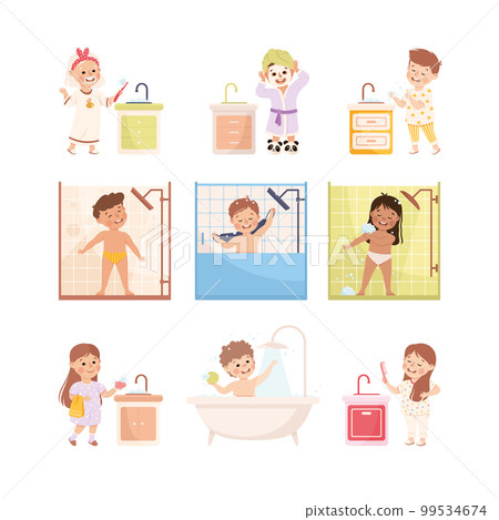 Cute happy little children doing everyday hygiene activities set. Kids washing hands, combing hair, taking bath, brushing teeth cartoon vector illustration 99534674