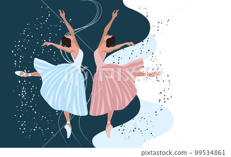 Elegant dancing ballerinas, a pair of female dancers in a flying pose. Illustration, vector 99534861