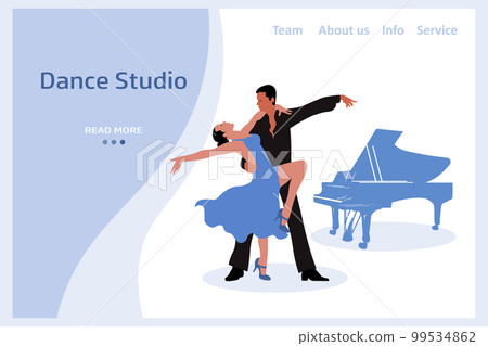Elegant dancing couple and piano. Web banner, landing page for dance studio. Illustration, vector 99534862