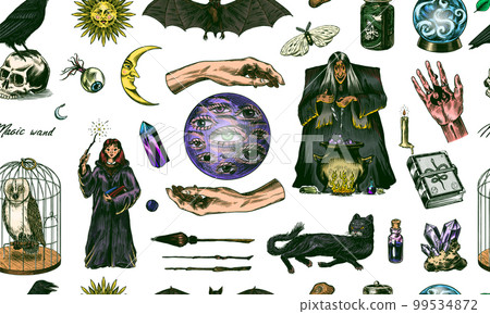 Witch brews a potion in a cauldron seamless pattern. Magic ball, book of spells, black cat, beldam Witch brews a potion in a cauldron seamless pattern. Magic ball, book of spells, black cat, beldam 99534872