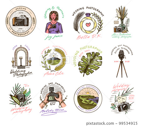 Wedding photographer badges or logos. Photo camera for the holiday. Photography Community. Templates Wedding photographer badges or logos. Photo camera for the holiday. Photography Community. Templates 99534915