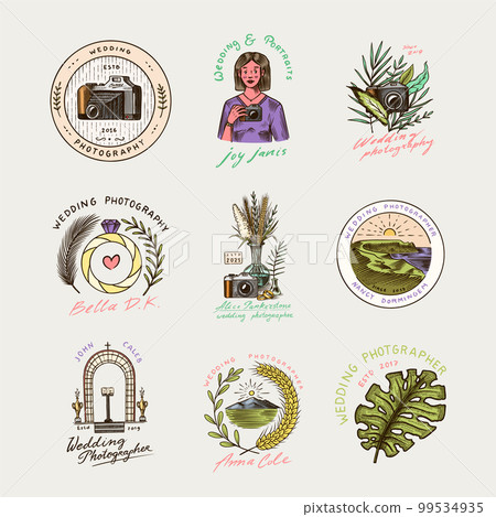 Wedding photographer badges or logos. Photo camera for the holiday. Photography Community. Templates Wedding photographer badges or logos. Photo camera for the holiday. Photography Community. Templates 99534935