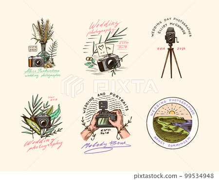 Wedding photographer badges or logos. Photo camera for the holiday. Photography Community. Templates 99534948