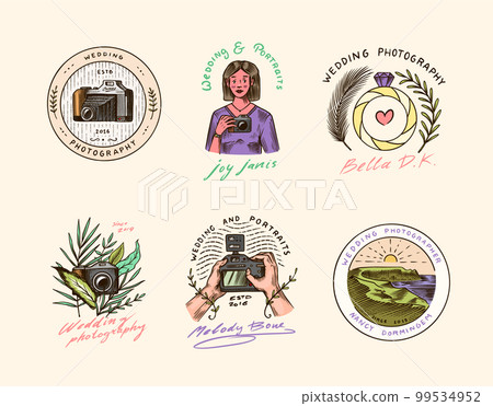 Wedding photographer badges or logos. Photo camera for the holiday. Photography Community. Templates 99534952
