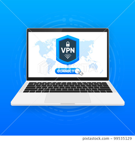 Using VPN on device. Protecting personal data with VPN service. Private network, cyber security, secure web traffic, data protection. Vector illustration. 99535129