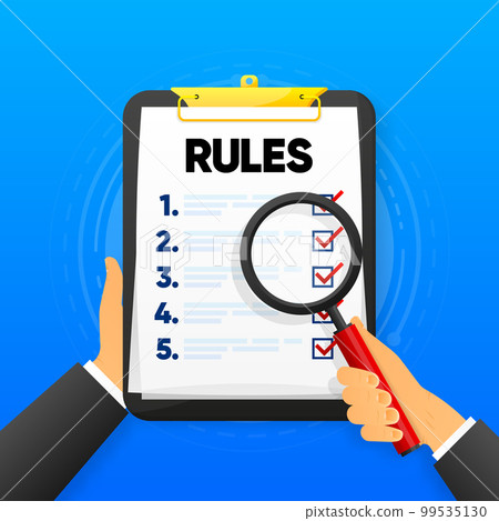 Office clipboard Rules. Legal law and corporate regulation. Businessman compliance and policy management. Learning the rules of conduct with a magnifying glass. Vector illustration. 99535130