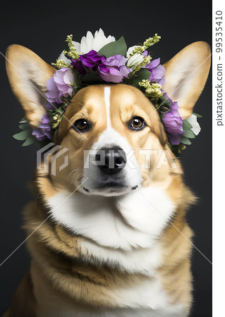 a beautiful corgi dog in a flower wreath on his head, on a black background 99535410