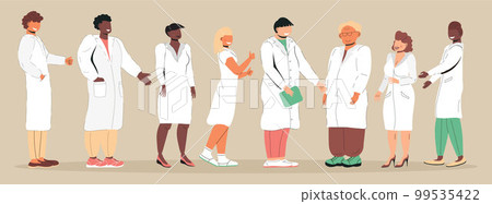 Smiling doctors, nurses vector. Distance medical conference. Clinic, doctor webinar, medicine blog illustration. 99535422