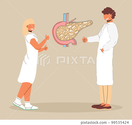 Online conference of endocrinologists illustration in doodle style. Pancreatitis, pancreas vector for medical blogs, websites.Pancreas with arteries are shown. 99535424