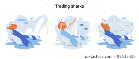 Whale emerges from water and holds gold coins on its nose. Inexperienced investor, bad investment 99535426