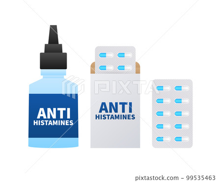 Antihistamine Tablets, pills and drops. Anti allergy medicine. Vector stock illustration. Antihistamine Tablets, pills and drops. Anti allergy medicine. Vector stock illustration. 99535463