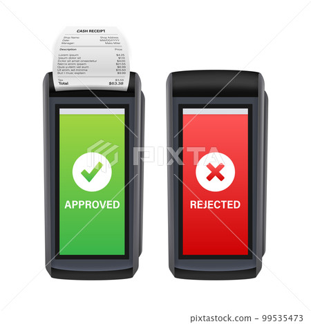 POS Terminal, Paper Receipt. Approved, Rejected Payment. NFC Payments Device. POS Terminal, Paper Receipt. Approved, Rejected Payment. NFC Payments Device. 99535473