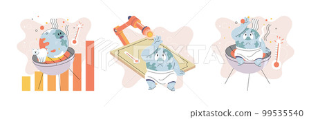 Poorly globe sitting under hot sun with thermometer. Cartoon earth planet global warming concept Poorly globe sitting under hot sun with thermometer. Cartoon earth planet global warming concept 99535540