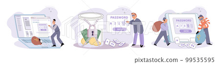 Hacker activity big set. Hacking computer. Phishing account, cyber attack on personal data Hacker activity big set. Hacking computer. Phishing account, cyber attack on personal data 99535595