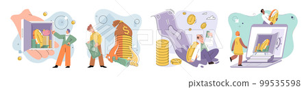 Businessman investor with coins. Employee or entrepreneur puts money in safe, calculates profit 99535598