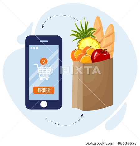 Online delivery, mobile phone and grocery bag. Service concept.Illustration, vector Online delivery, mobile phone and grocery bag. Service concept.Illustration, vector 99535655