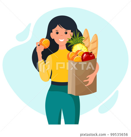Cheerful woman with a package of fruits. Healthy food concept. Cartoon illustration, vector 99535656