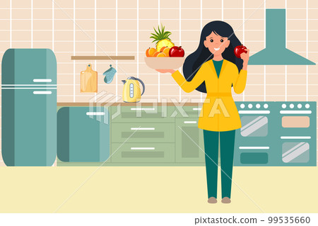 Cheerful woman with a bag of fruits in the kitchen. Healthy food concept. Cartoon, vector Cheerful woman with a bag of fruits in the kitchen. Healthy food concept. Cartoon, vector 99535660