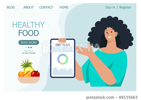 Woman doctor nutritionist with diet plan on the phone. Healthy food medical concept. Cartoon illustration, vector Woman doctor nutritionist with diet plan on the phone. Healthy food medical concept. Cartoon illustration, vector 99535663