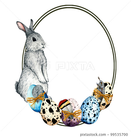Watercolor frame easter with hare, rabbit, bunny and colored eggs. Spring hand drawn illustration isolated on white background. Watercolor frame easter with hare, rabbit, bunny and colored eggs. Spring hand drawn illustration isolated on white background. 99535700