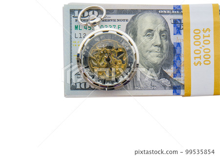 Stack of 10,000 in hundred dollar bills banded with gold band, with a modern pocket watch placed on top, white background, clipping path. Concept time is money. High quality photo Stack of 10,000 in hundred dollar bills banded with gold band, with a modern pocket watch placed on top, white background, clipping path. Concept time is money. High quality photo 99535854