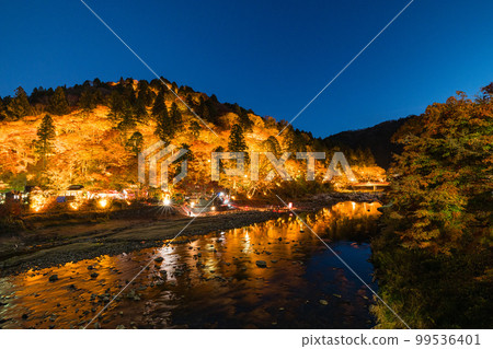 日本愛知縣豐田市足助町香嵐溪飯盛山的秋葉點亮和巴川的夜景 日本愛知縣豐田市足助町香嵐溪飯盛山的秋葉點亮和巴川的夜景 99536401