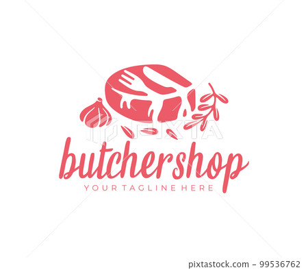 Steak, fork, knife, rosemary and garlic, logo design. Food, meal, meat, pork, beef, steakhouse and butchery shop, vector design and illustration Steak, fork, knife, rosemary and garlic, logo design. Food, meal, meat, pork, beef, steakhouse and butchery shop, vector design and illustration 99536762