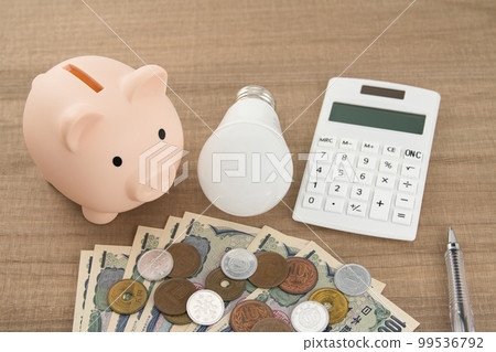 Power saving image LED light bulb, money, calculator and piggy bank Power saving image LED light bulb, money, calculator and piggy bank 99536792